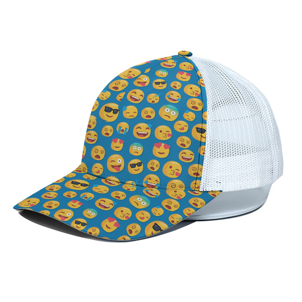 Blue Emoji Pattern Print White Mesh Trucker Cap