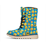 Blue Emoji Pattern Print Winter Boots