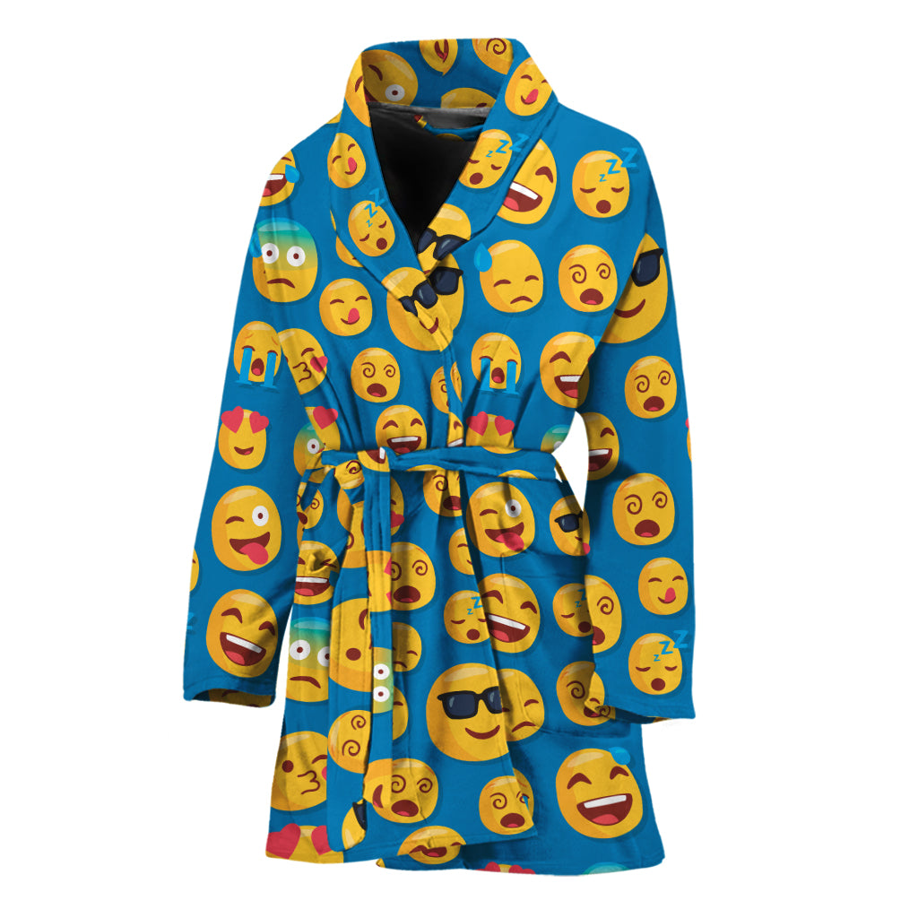 Blue Emoji Pattern Print Women's Bathrobe