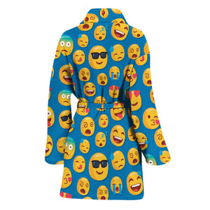 Blue Emoji Pattern Print Women's Bathrobe