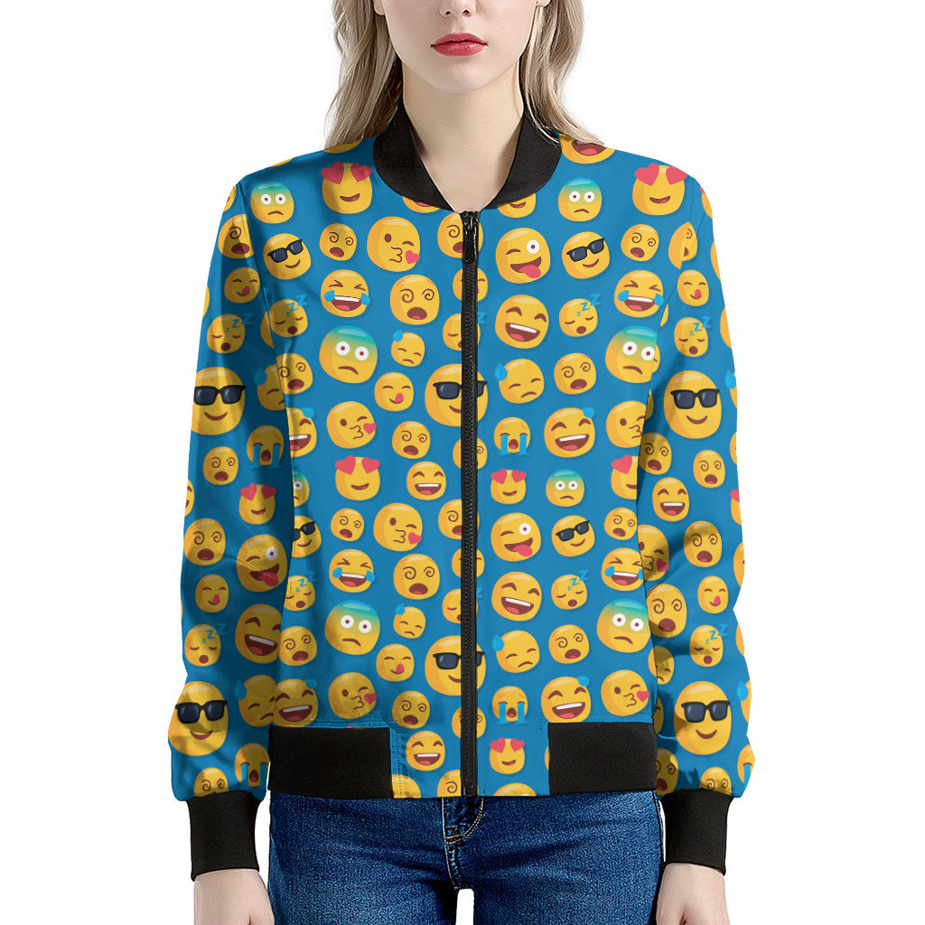 Blue Emoji Pattern Print Women's Bomber Jacket