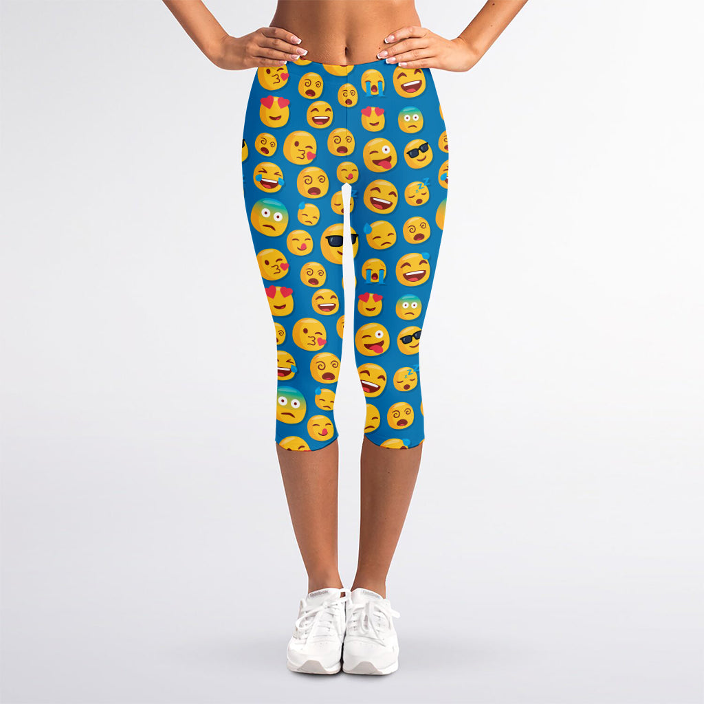 Blue Emoji Pattern Print Women's Capri Leggings