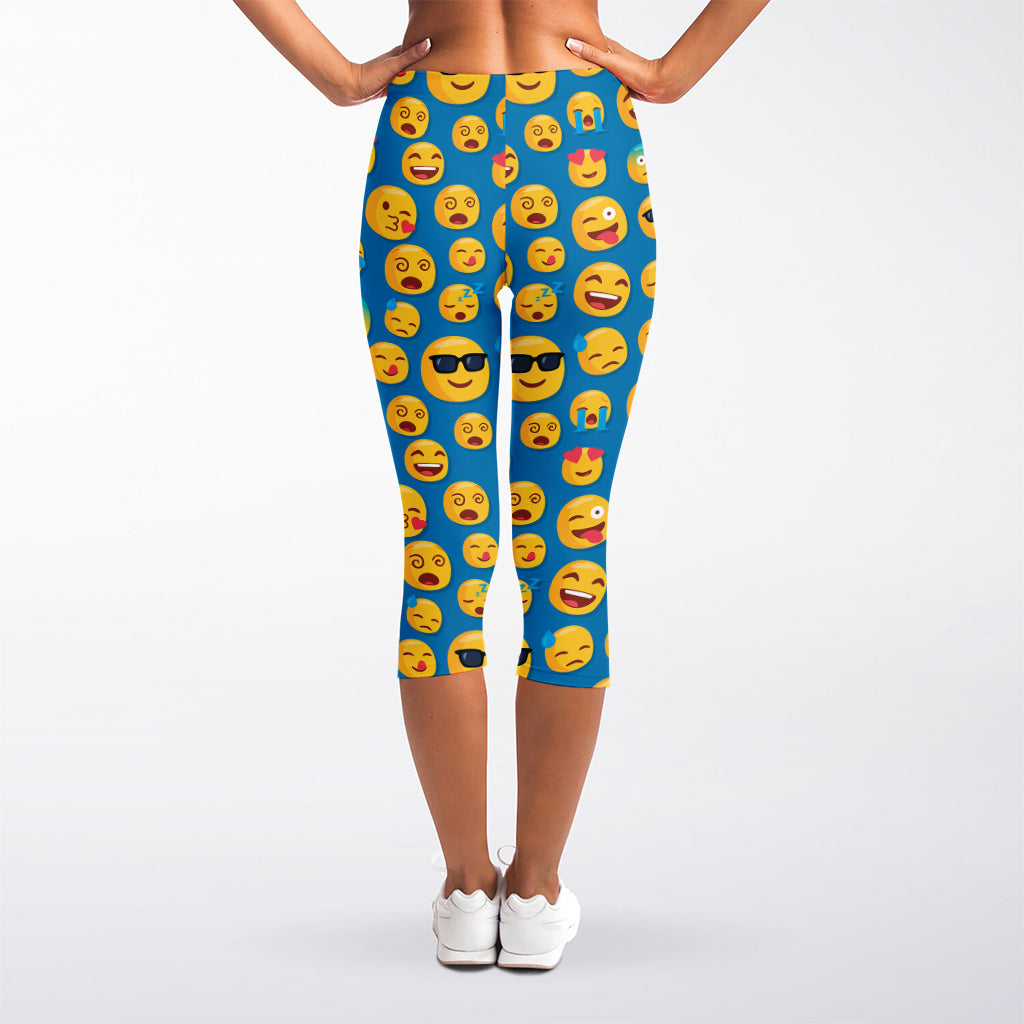 Blue Emoji Pattern Print Women's Capri Leggings