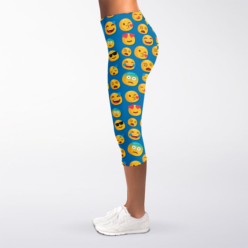Blue Emoji Pattern Print Women's Capri Leggings