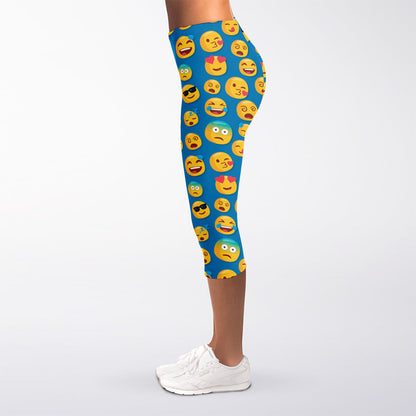 Blue Emoji Pattern Print Women's Capri Leggings