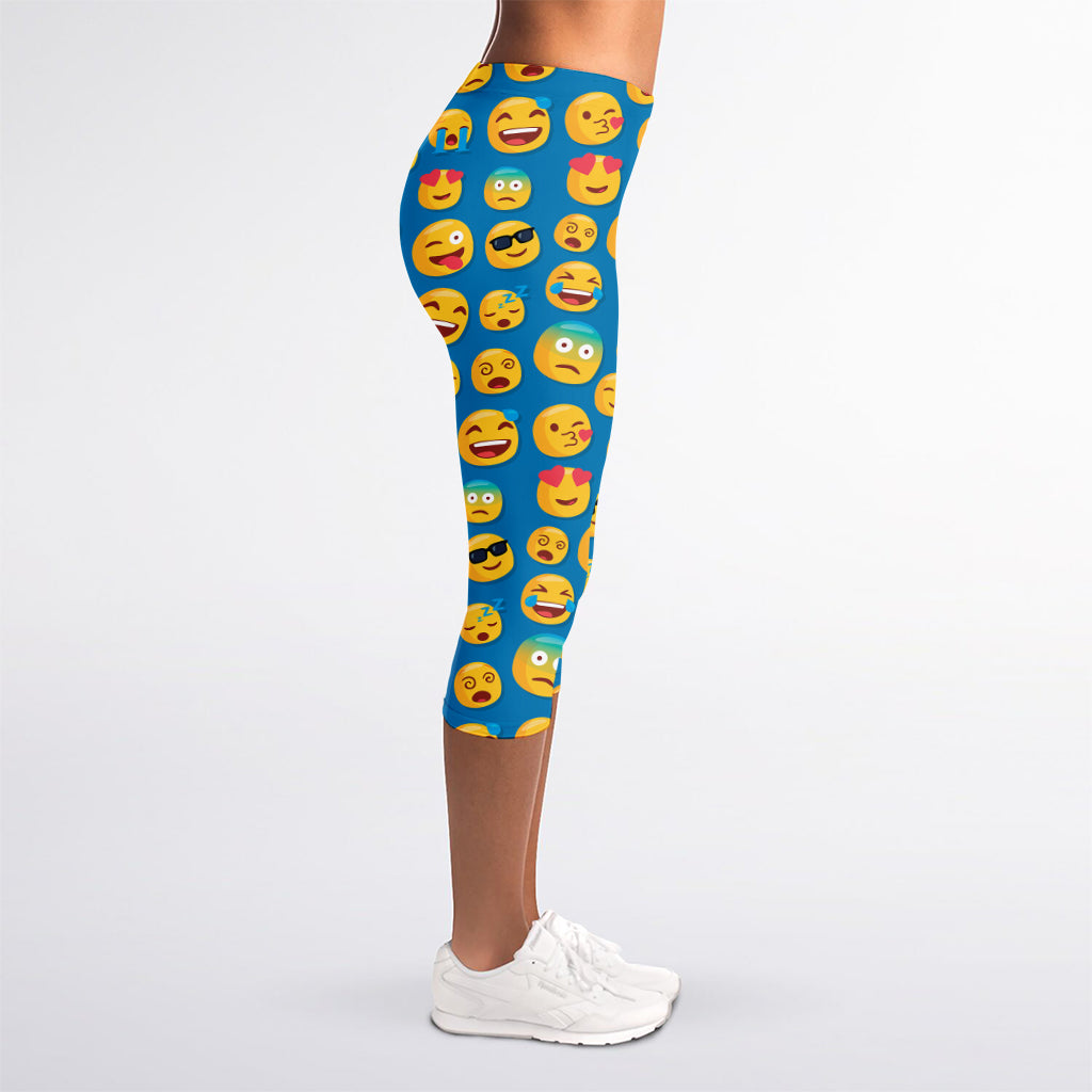 Blue Emoji Pattern Print Women's Capri Leggings