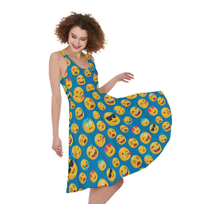 Blue Emoji Pattern Print Women's Sleeveless Dress