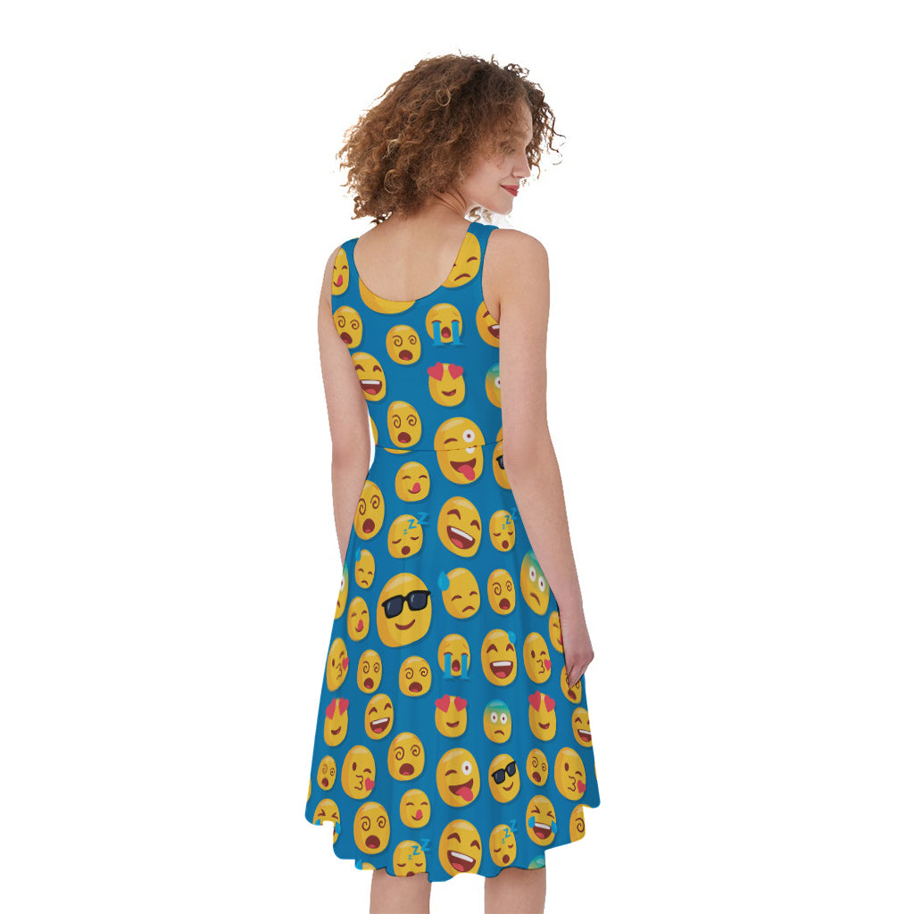 Blue Emoji Pattern Print Women's Sleeveless Dress