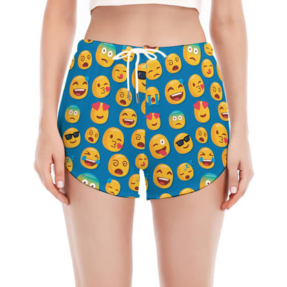 Blue Emoji Pattern Print Women's Split Running Shorts