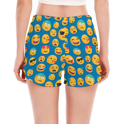 Blue Emoji Pattern Print Women's Split Running Shorts