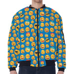 Blue Emoji Pattern Print Zip Sleeve Bomber Jacket