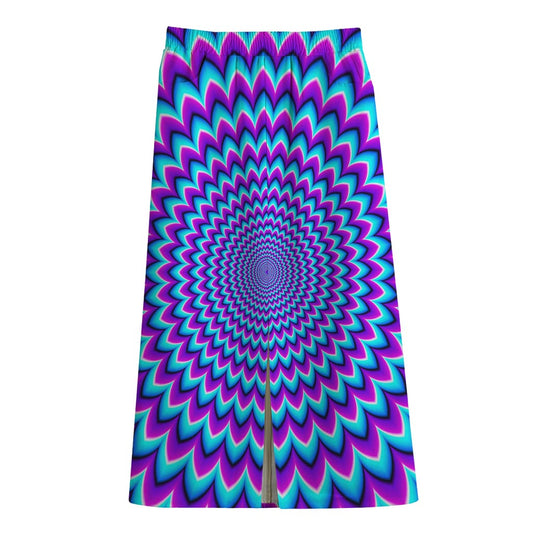 Blue Expansion Moving Optical Illusion Cotton Front Slit Maxi Skirt