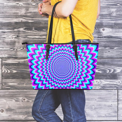 Blue Expansion Moving Optical Illusion Leather Tote Bag