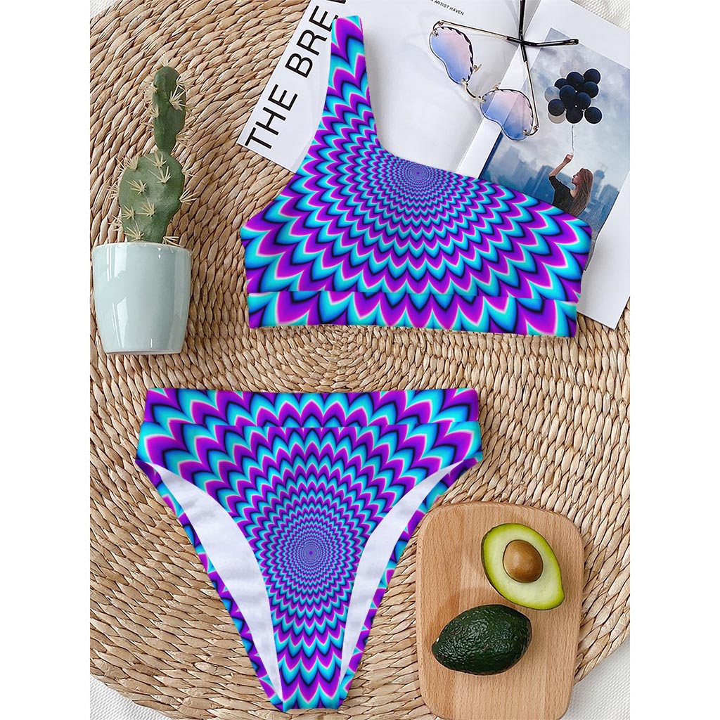 Blue Expansion Moving Optical Illusion One Shoulder Bikini Top