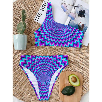 Blue Expansion Moving Optical Illusion One Shoulder Bikini Top
