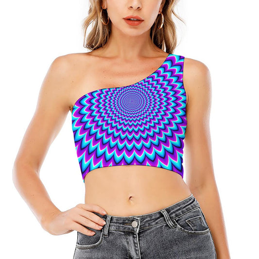 Blue Expansion Moving Optical Illusion One Shoulder Crop Top