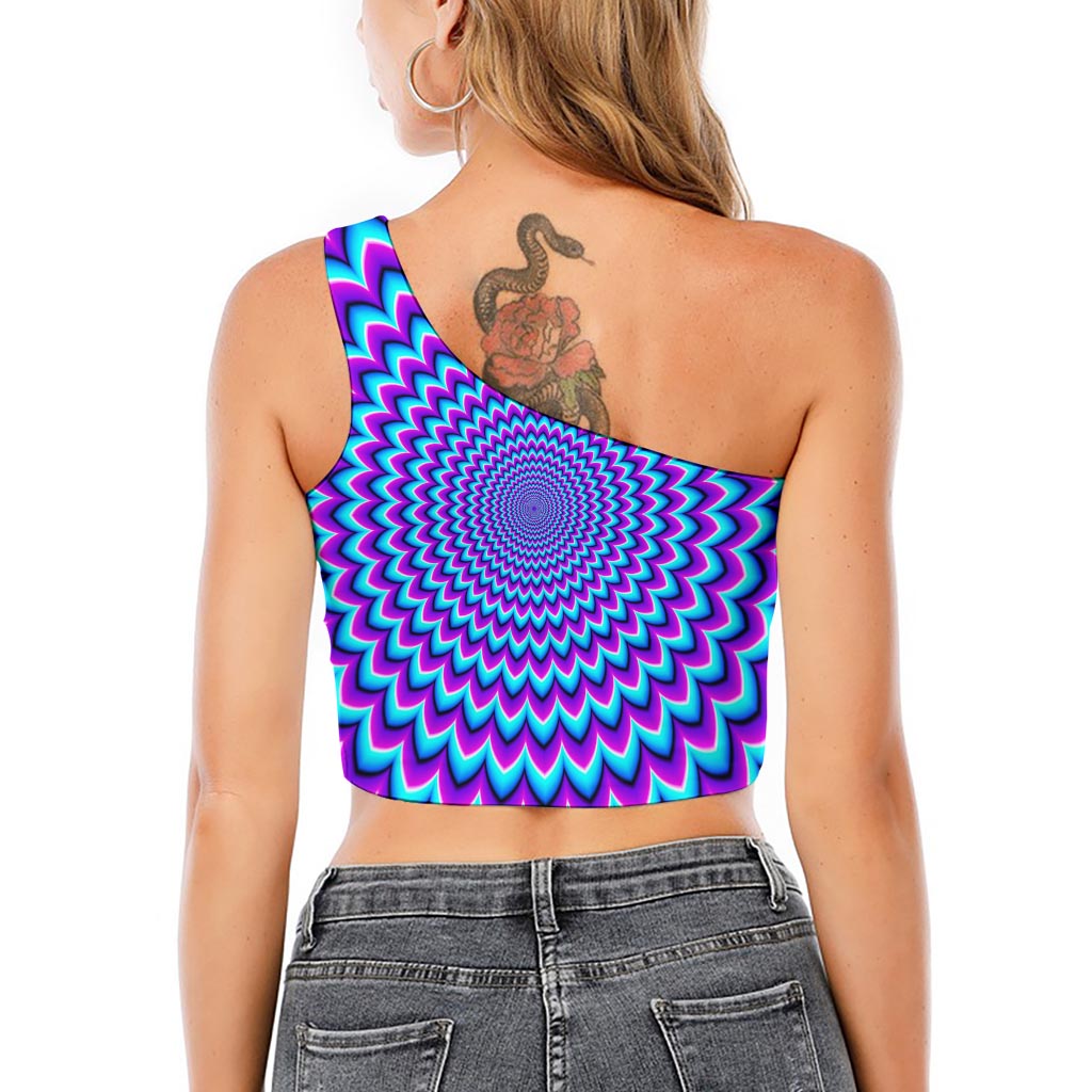 Blue Expansion Moving Optical Illusion One Shoulder Crop Top