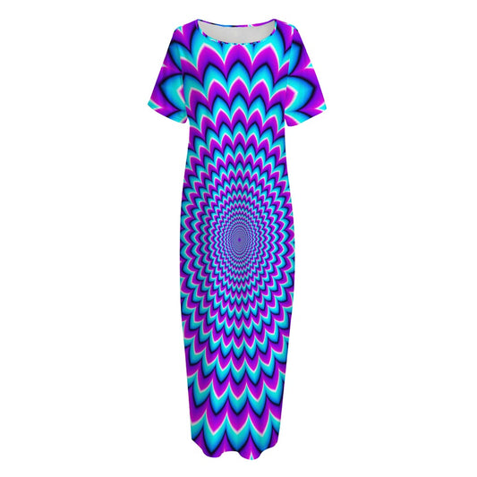 Blue Expansion Moving Optical Illusion Short Sleeve Long Nightdress