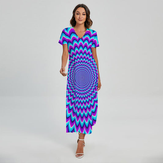 Blue Expansion Moving Optical Illusion Short Sleeve Maxi Dress