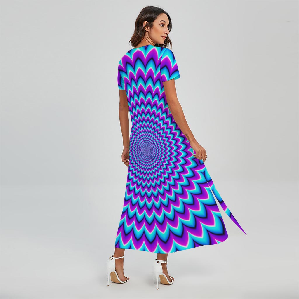 Blue Expansion Moving Optical Illusion Short Sleeve Maxi Dress