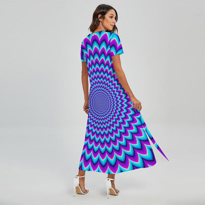 Blue Expansion Moving Optical Illusion Short Sleeve Maxi Dress