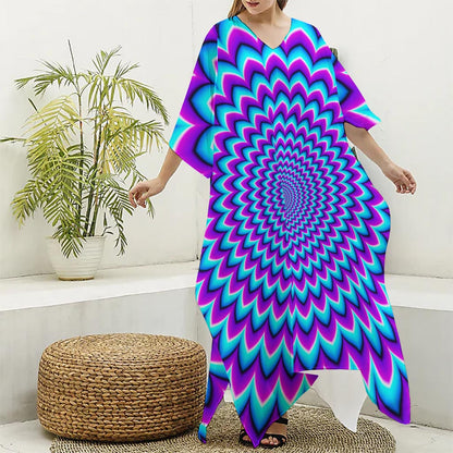 Blue Expansion Moving Optical Illusion Silk V-Neck Kaftan Dress