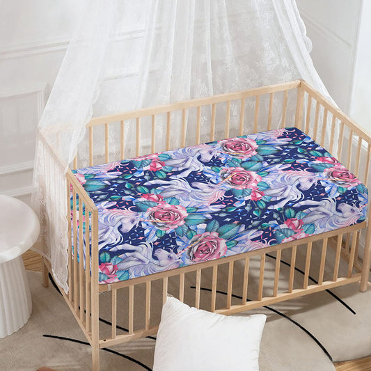 Blue Fairy Rose Unicorn Pattern Print Baby Crib Sheet