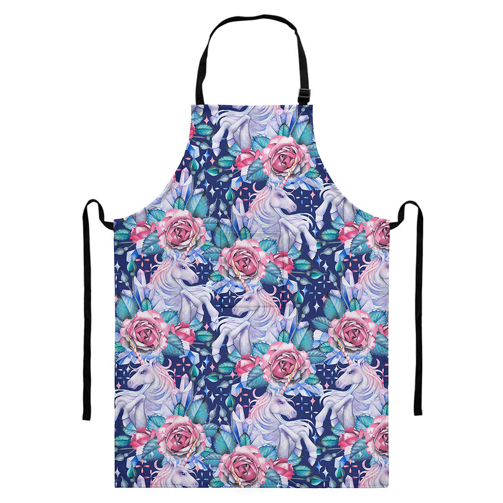 Blue Fairy Rose Unicorn Pattern Print Bib Apron With Pocket