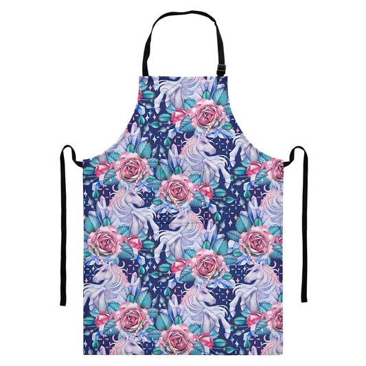 Blue Fairy Rose Unicorn Pattern Print Bib Apron With Pocket