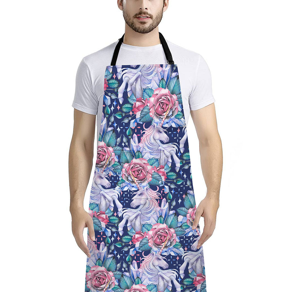 Blue Fairy Rose Unicorn Pattern Print Bib Apron With Pocket