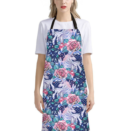 Blue Fairy Rose Unicorn Pattern Print Bib Apron With Pocket