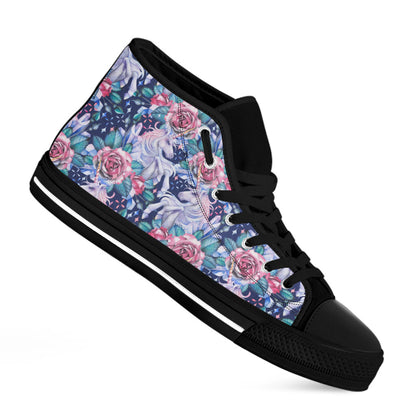 Blue Fairy Rose Unicorn Pattern Print Black High Top Sneakers