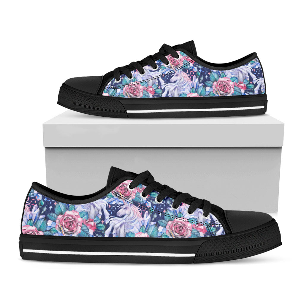 Blue Fairy Rose Unicorn Pattern Print Black Low Top Sneakers