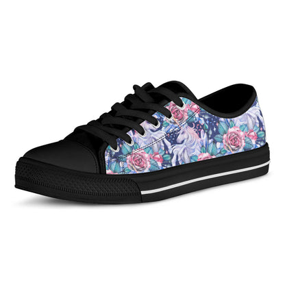 Blue Fairy Rose Unicorn Pattern Print Black Low Top Sneakers