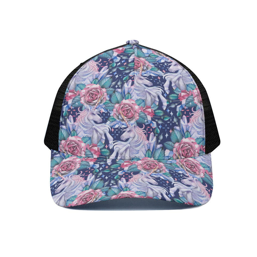 Blue Fairy Rose Unicorn Pattern Print Black Mesh Trucker Cap