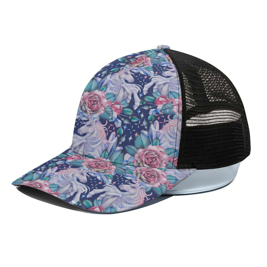 Blue Fairy Rose Unicorn Pattern Print Black Mesh Trucker Cap