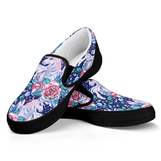 Blue Fairy Rose Unicorn Pattern Print Black Slip On Sneakers