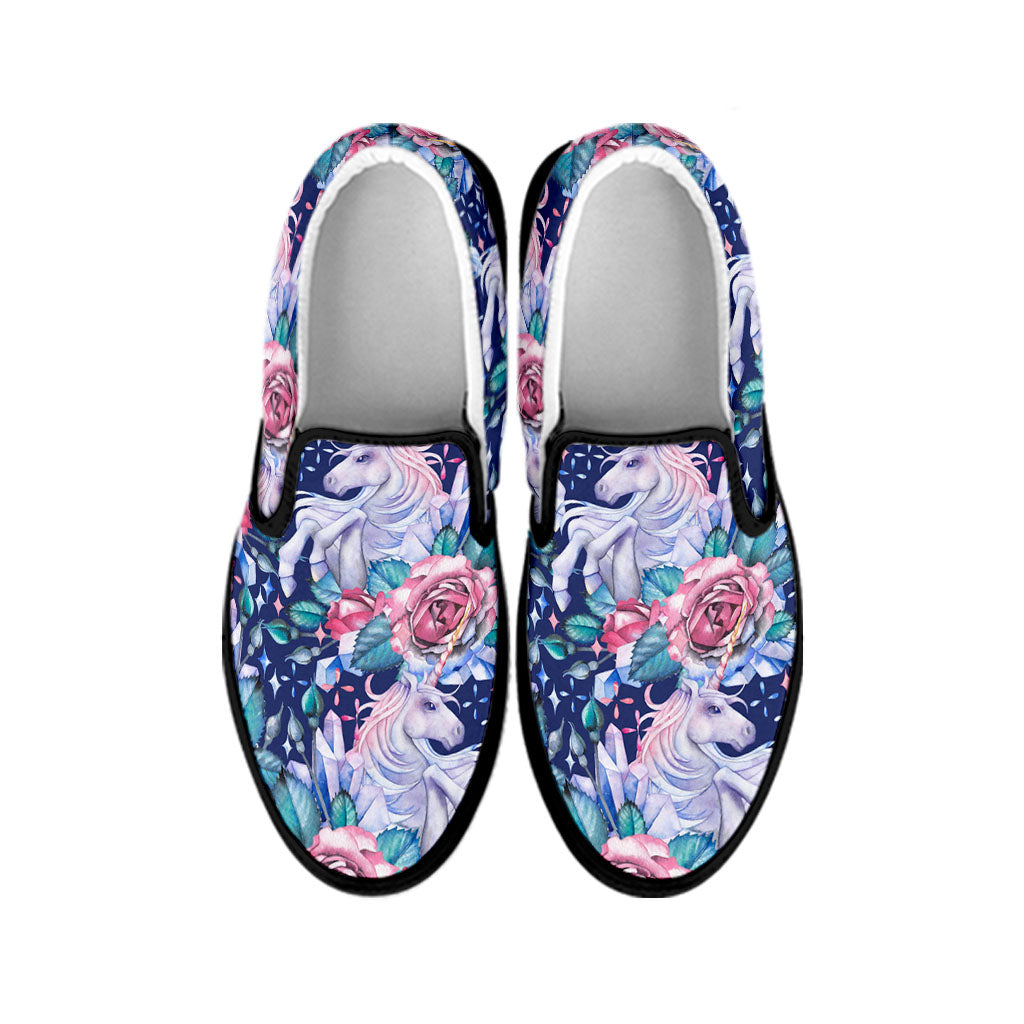 Blue Fairy Rose Unicorn Pattern Print Black Slip On Sneakers