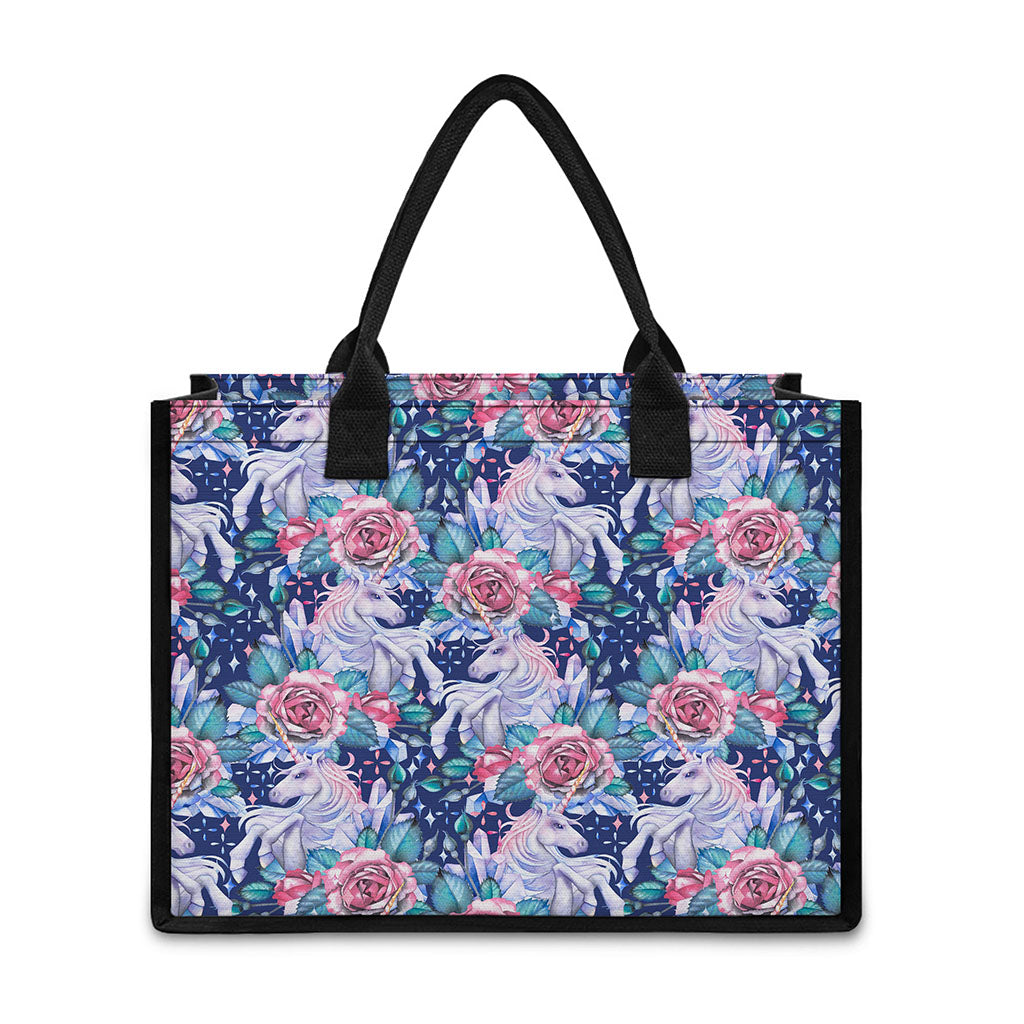 Blue Fairy Rose Unicorn Pattern Print Canvas Tote Bag