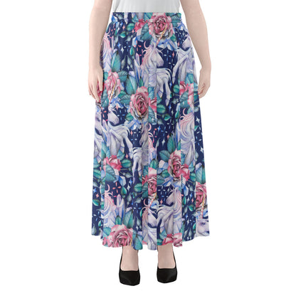 Blue Fairy Rose Unicorn Pattern Print Chiffon Maxi Skirt