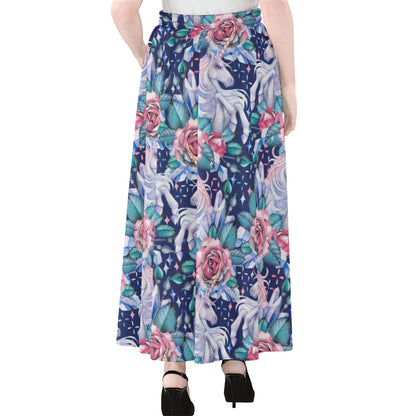 Blue Fairy Rose Unicorn Pattern Print Chiffon Maxi Skirt