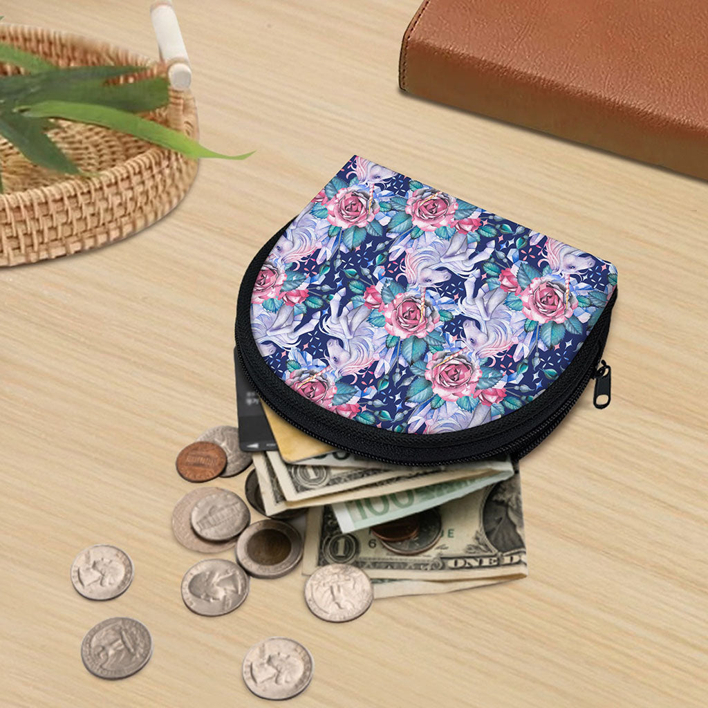 Blue Fairy Rose Unicorn Pattern Print Coin Purse