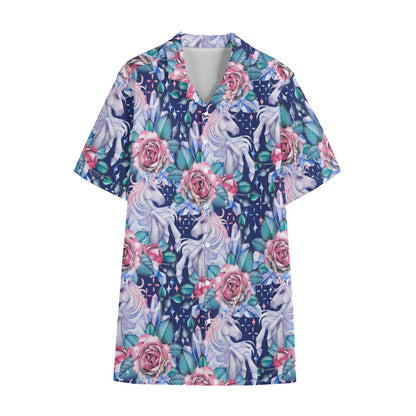 Blue Fairy Rose Unicorn Pattern Print Cotton Hawaiian Shirt