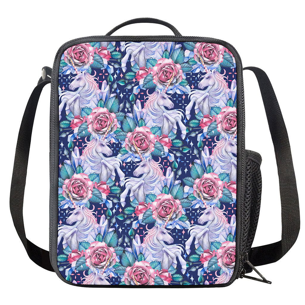 Blue Fairy Rose Unicorn Pattern Print Crossbody Lunch Bag
