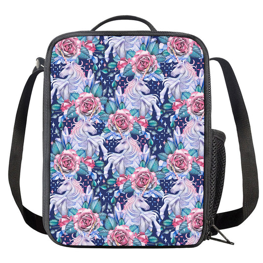 Blue Fairy Rose Unicorn Pattern Print Crossbody Lunch Bag