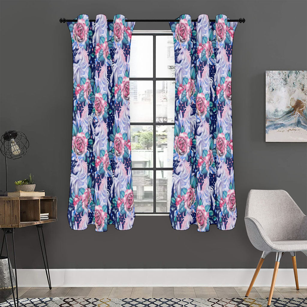 Blue Fairy Rose Unicorn Pattern Print Curtain