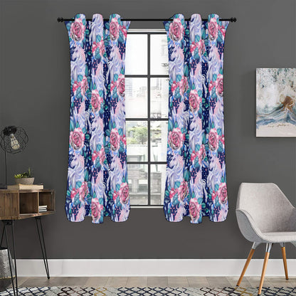 Blue Fairy Rose Unicorn Pattern Print Curtain