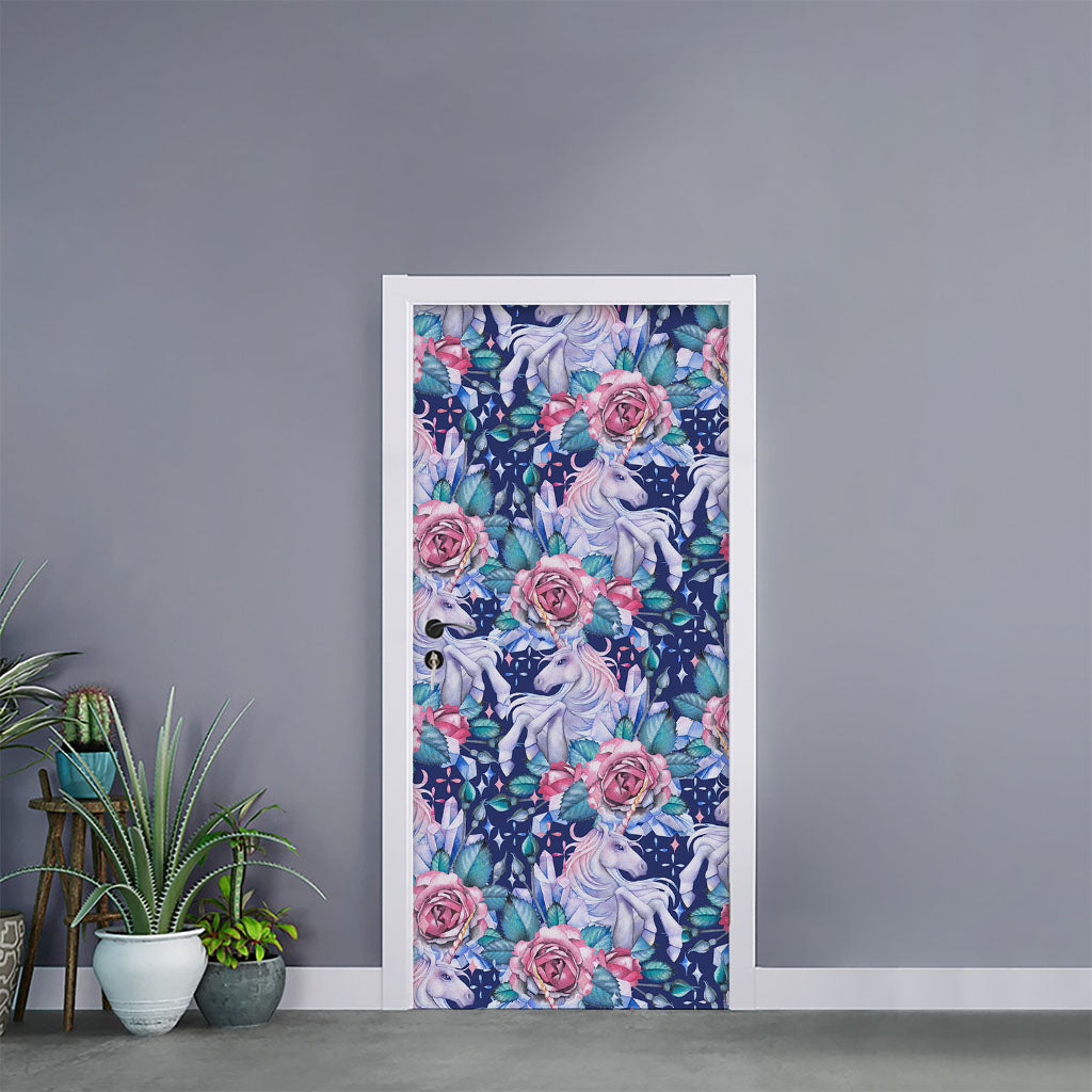 Blue Fairy Rose Unicorn Pattern Print Door Sticker