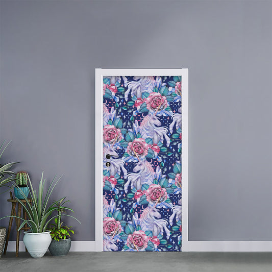 Blue Fairy Rose Unicorn Pattern Print Door Sticker