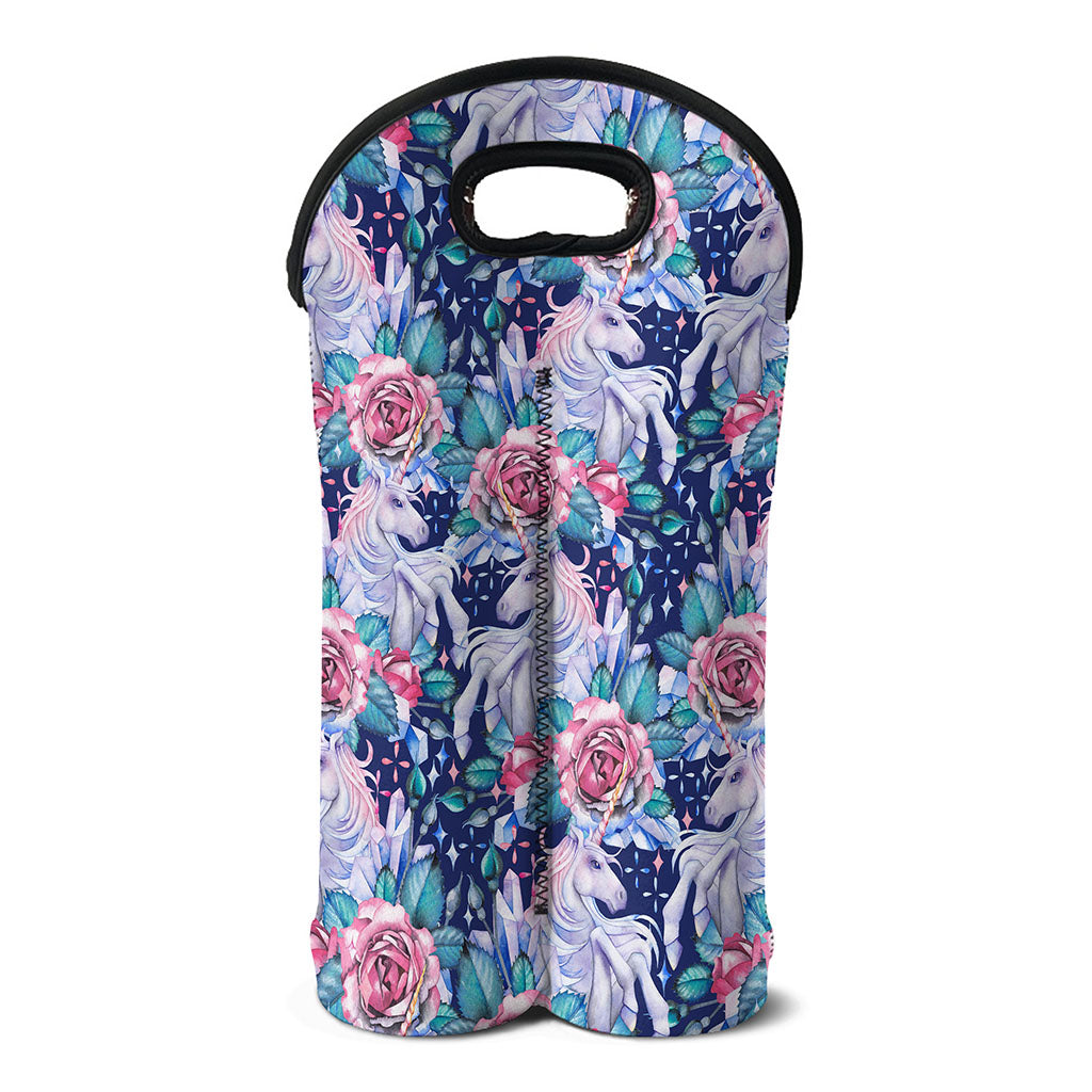 Blue Fairy Rose Unicorn Pattern Print Double Neoprene Wine Tote